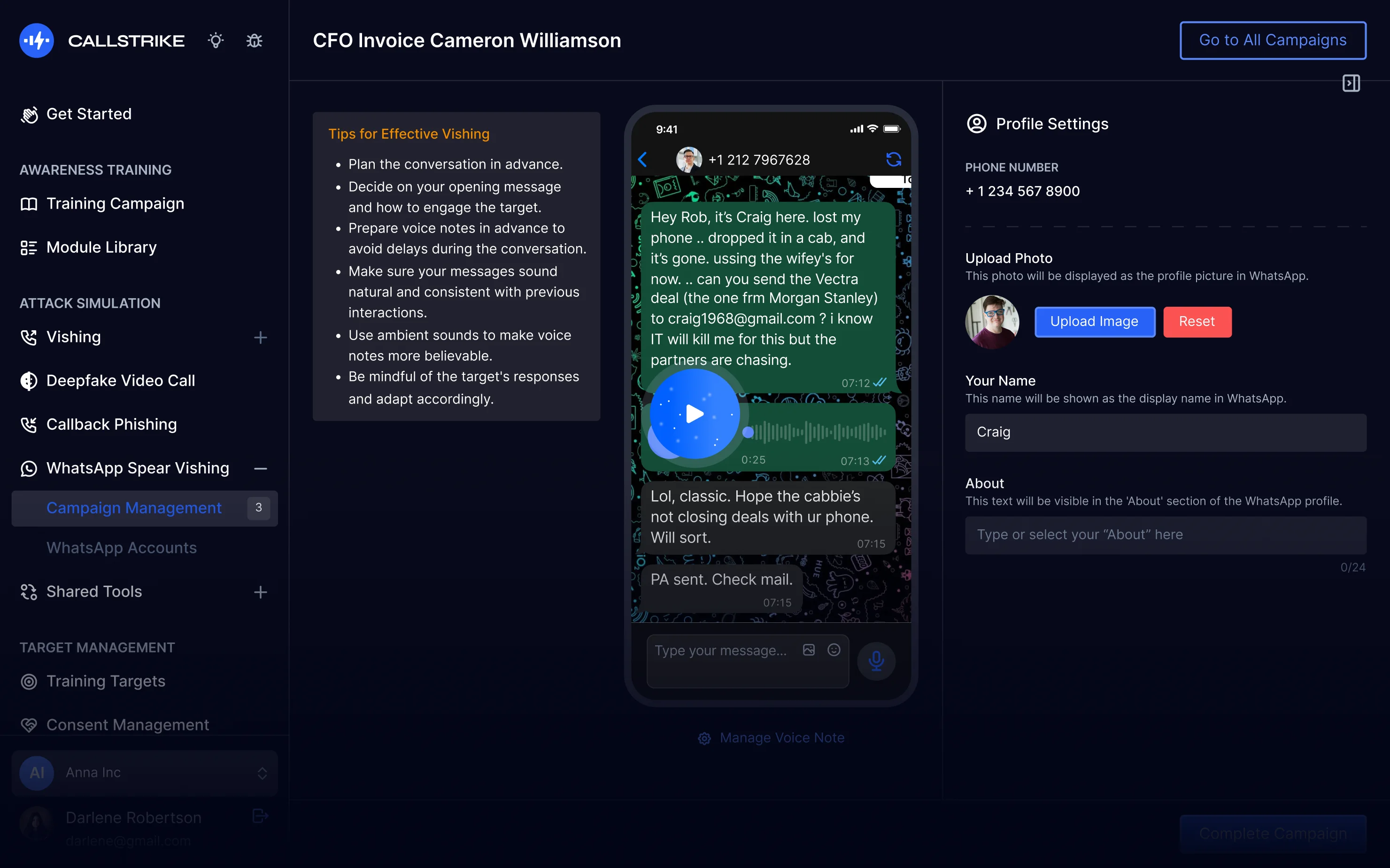 Callstrike WhatsApp Spear Phishing Simulation dashboard